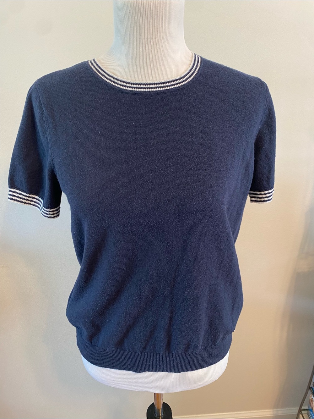 Calvin Klein Women's Short Sleeve Crewneck Knit Sweater Top Navy Tipped Trim
